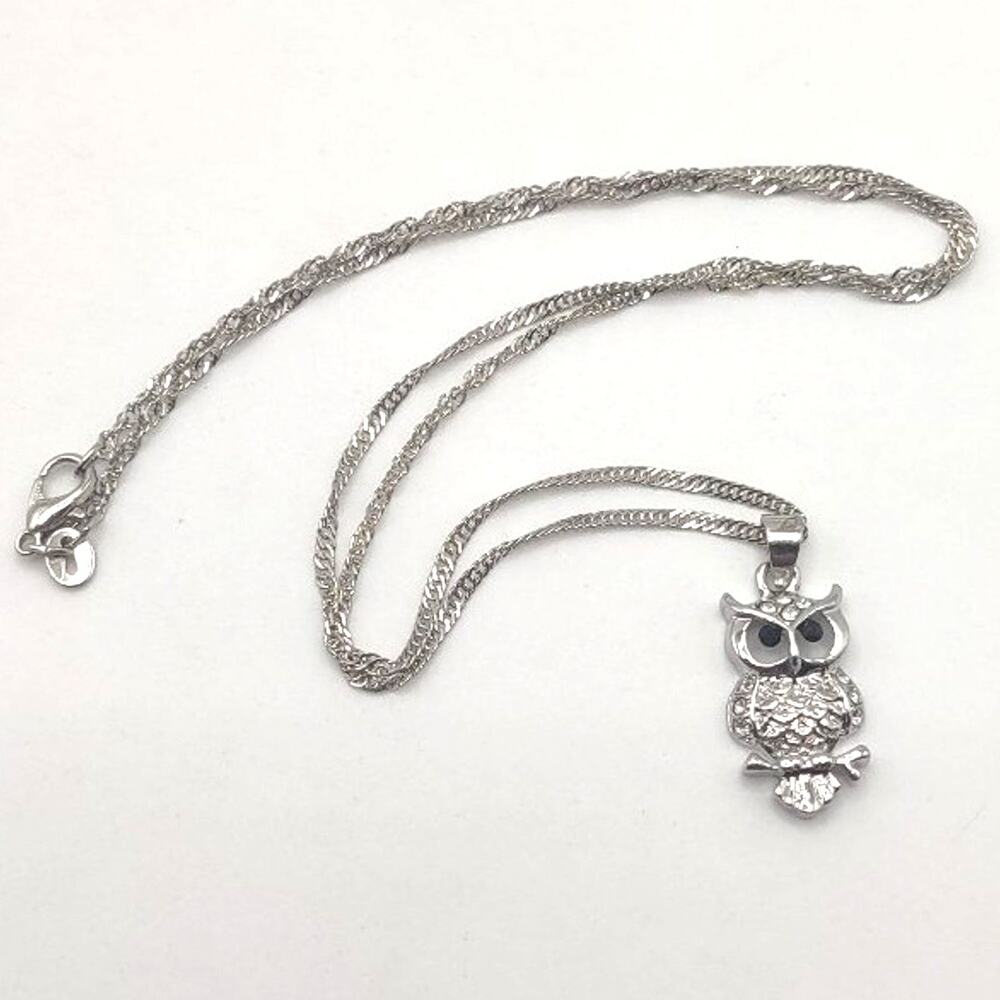 925 Silver Necklace W/ Owl & CZ White Diamond VTG Fashion Pendant Birthday NEW!